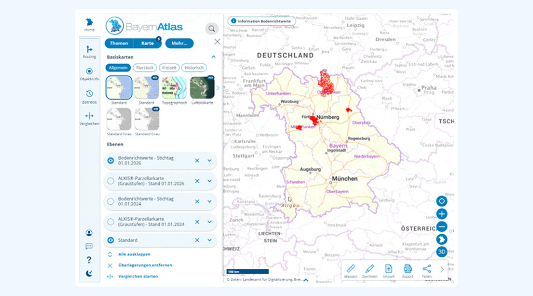 Screenshot: zentrale Auskunftskomponente für Bodenrichtwerte im BayernAtlas